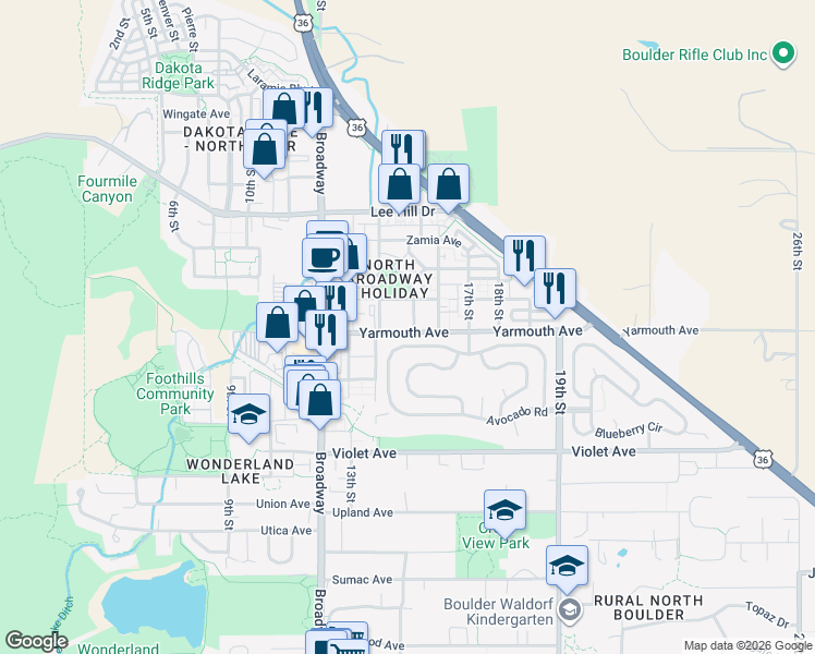map of restaurants, bars, coffee shops, grocery stores, and more near 1494 Yaupon Avenue in Boulder