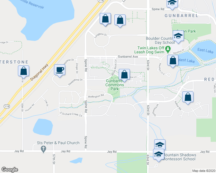 map of restaurants, bars, coffee shops, grocery stores, and more near 4680 White Rock Circle in Boulder