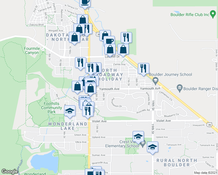 map of restaurants, bars, coffee shops, grocery stores, and more near 1494 Yaupon Avenue in Boulder