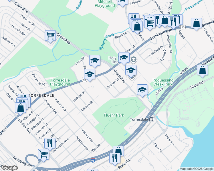 map of restaurants, bars, coffee shops, grocery stores, and more near 4525 Primrose Road in Philadelphia