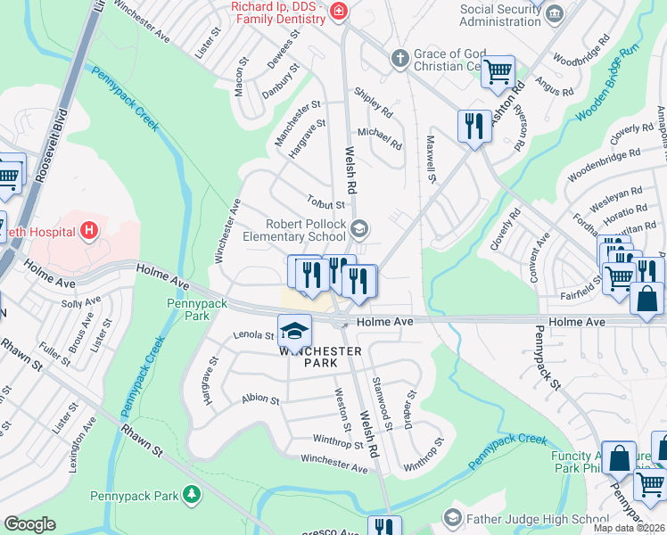 map of restaurants, bars, coffee shops, grocery stores, and more near 2868 Welsh Road in Philadelphia