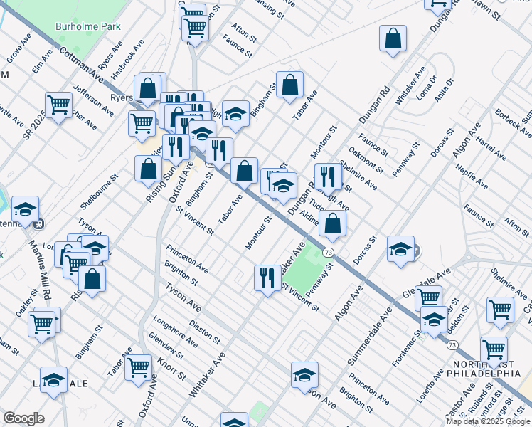 map of restaurants, bars, coffee shops, grocery stores, and more near 1252 Cottman Avenue in Philadelphia