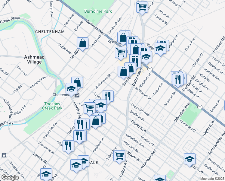 map of restaurants, bars, coffee shops, grocery stores, and more near 317 Princeton Avenue in Philadelphia