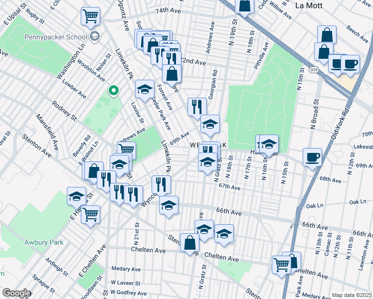 map of restaurants, bars, coffee shops, grocery stores, and more near 6801 Cedar Park Avenue in Philadelphia