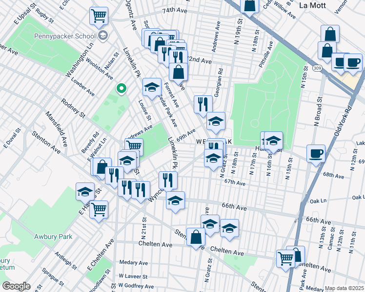 map of restaurants, bars, coffee shops, grocery stores, and more near 6801 Cedar Park Avenue in Philadelphia