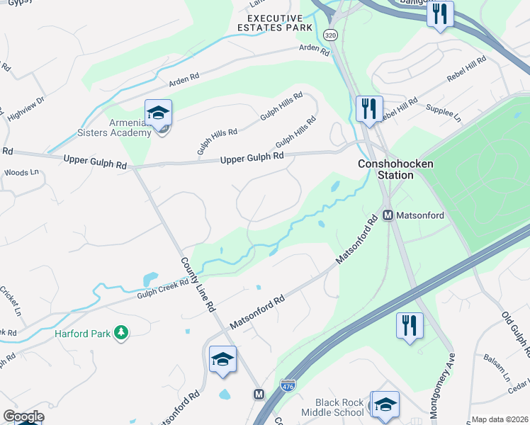 map of restaurants, bars, coffee shops, grocery stores, and more near 1231 Denbigh Lane in Wayne