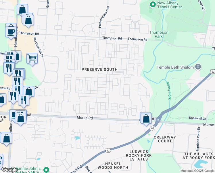 map of restaurants, bars, coffee shops, grocery stores, and more near 3853 Preserve Crossing Boulevard in Columbus