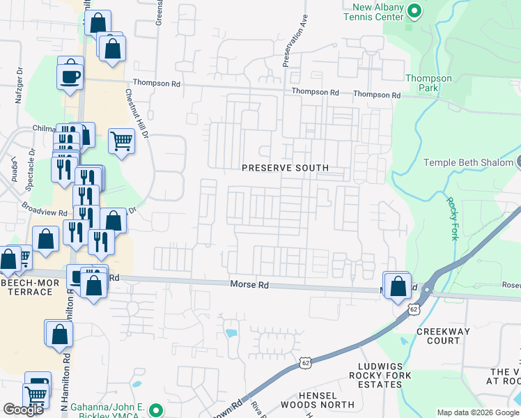 map of restaurants, bars, coffee shops, grocery stores, and more near 3856 Wood Stork Lane in Columbus