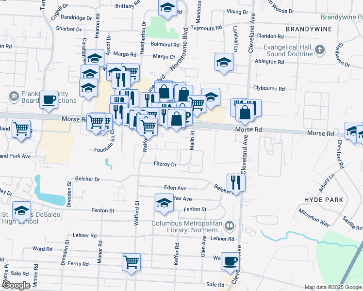 map of restaurants, bars, coffee shops, grocery stores, and more near 2245 Morse Road in Columbus