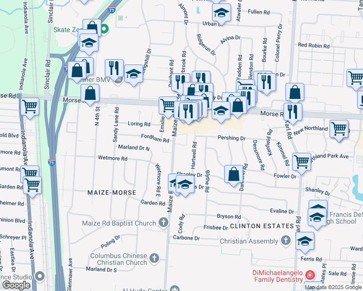 map of restaurants, bars, coffee shops, grocery stores, and more near 4559 Maize Road in Columbus