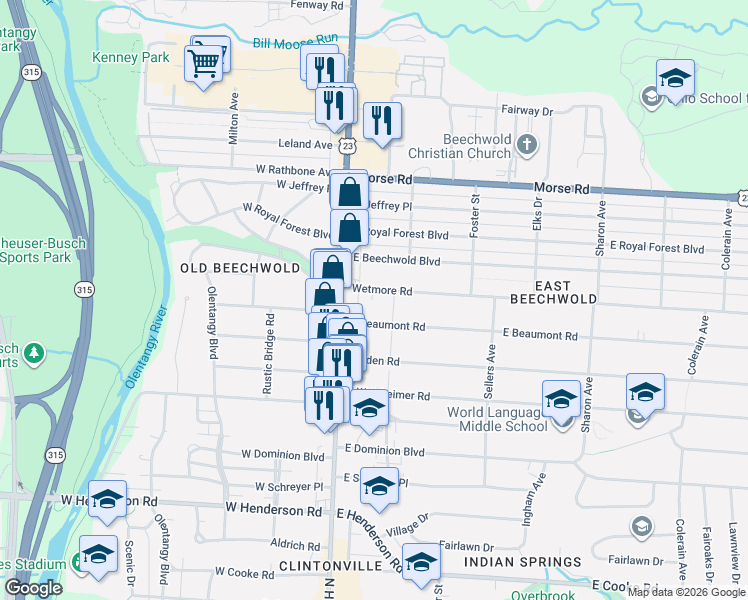 map of restaurants, bars, coffee shops, grocery stores, and more near 20 Wetmore Road in Columbus