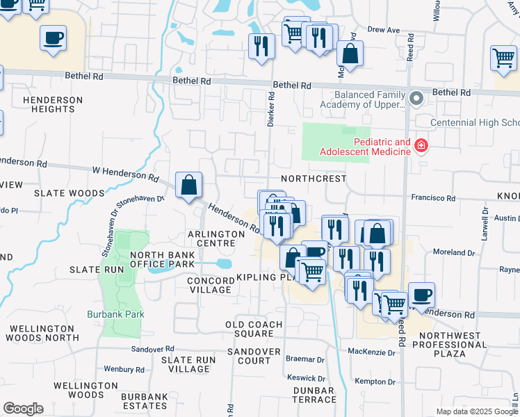 map of restaurants, bars, coffee shops, grocery stores, and more near 5039-5041 Dierker Road in Columbus