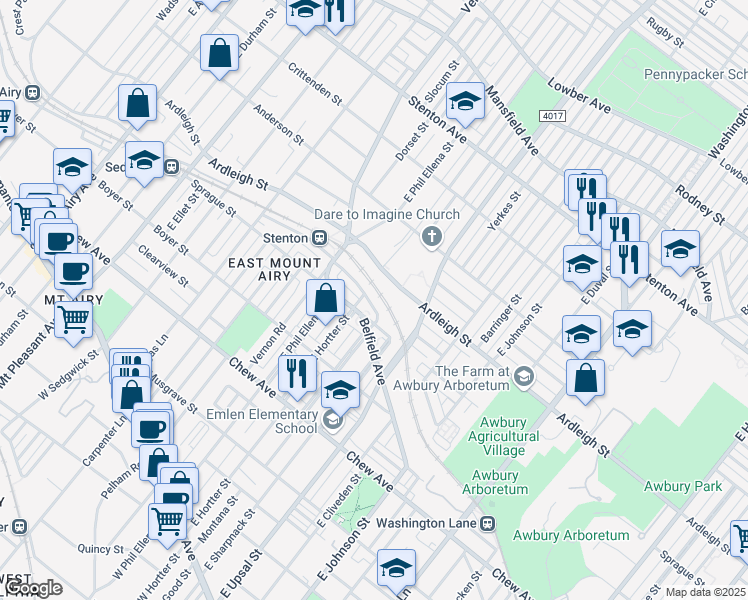 map of restaurants, bars, coffee shops, grocery stores, and more near 6619 Blakemore Street in Philadelphia
