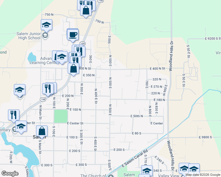 map of restaurants, bars, coffee shops, grocery stores, and more near North 500 East in Salem