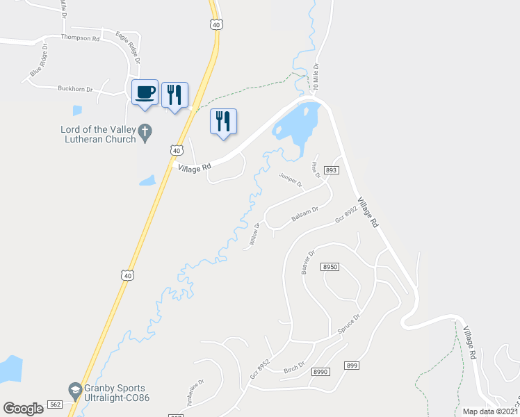map of restaurants, bars, coffee shops, grocery stores, and more near 293 County Road 893 in Granby