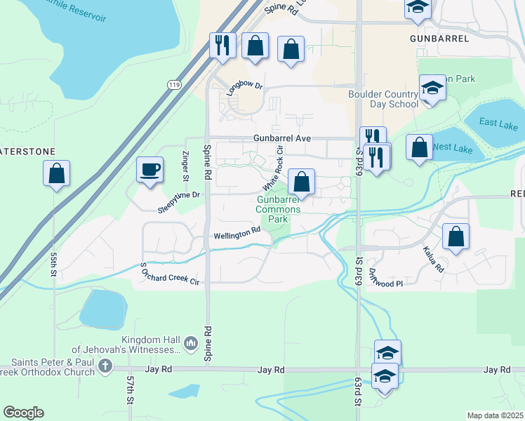 map of restaurants, bars, coffee shops, grocery stores, and more near 4680 White Rock Circle in Boulder