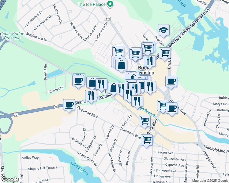 map of restaurants, bars, coffee shops, grocery stores, and more near 644 New Jersey 70 in Brick