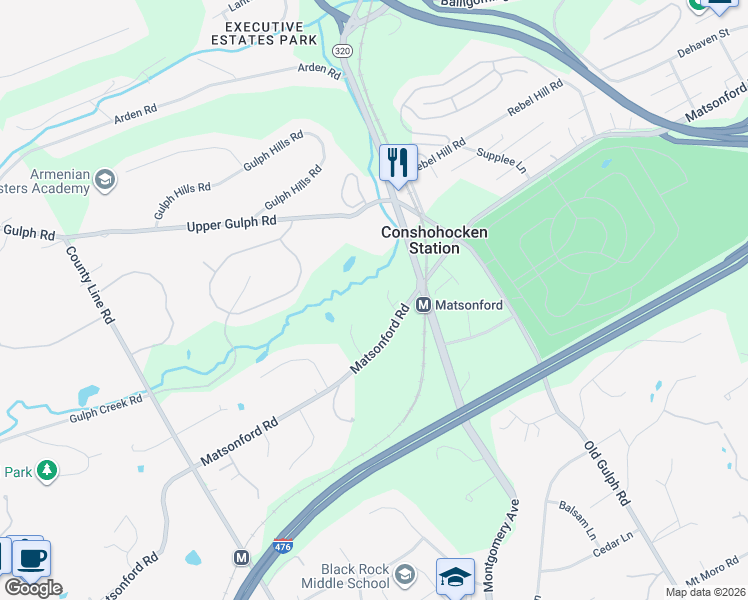 map of restaurants, bars, coffee shops, grocery stores, and more near 185 West Matsonford Road in Wayne