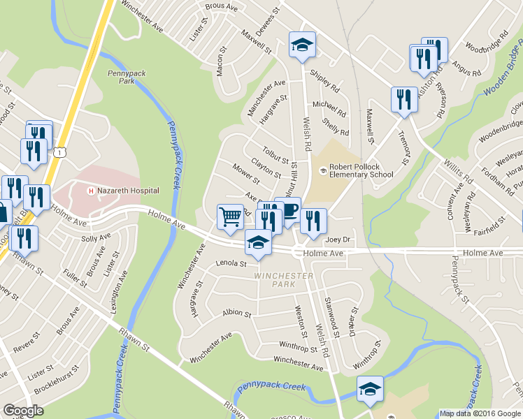 map of restaurants, bars, coffee shops, grocery stores, and more near 2740 Axe Factory Road in Philadelphia