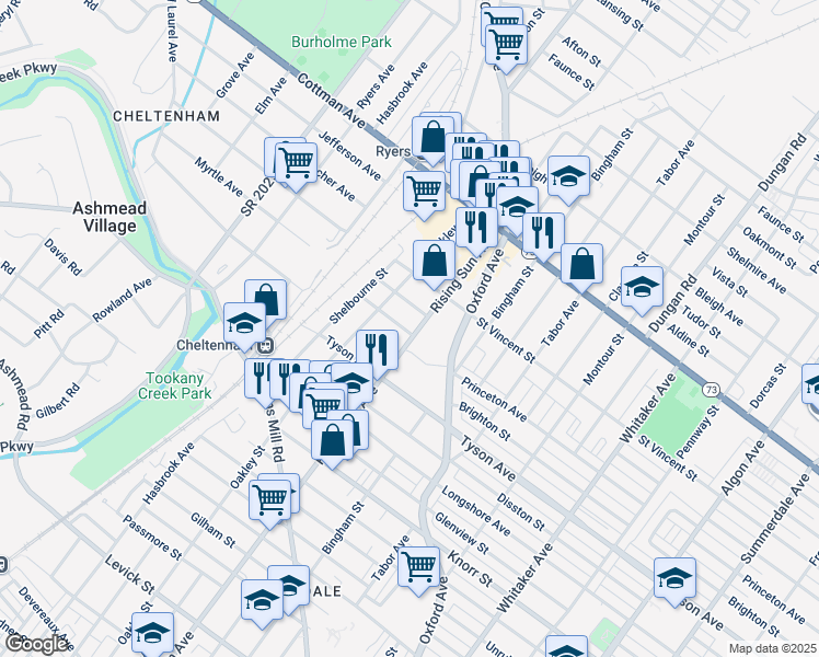 map of restaurants, bars, coffee shops, grocery stores, and more near 7100 Rising Sun Avenue in Philadelphia