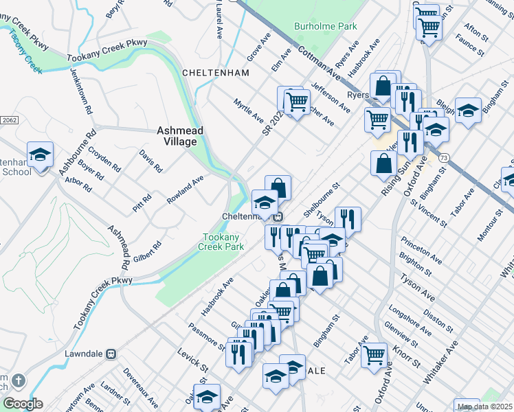 map of restaurants, bars, coffee shops, grocery stores, and more near 129 Old Soldiers Road in Cheltenham