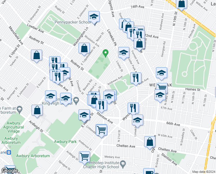 map of restaurants, bars, coffee shops, grocery stores, and more near 6969 Rodney Street in Philadelphia