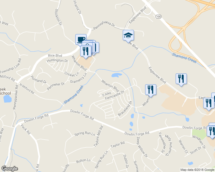 map of restaurants, bars, coffee shops, grocery stores, and more near 469 Wharton Boulevard in Exton