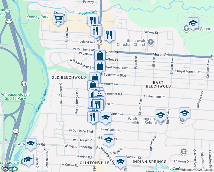 map of restaurants, bars, coffee shops, grocery stores, and more near 20 Wetmore Road in Columbus
