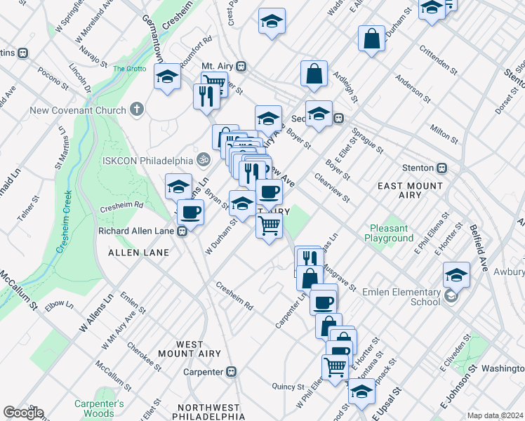 map of restaurants, bars, coffee shops, grocery stores, and more near 7108 Germantown Avenue in Philadelphia
