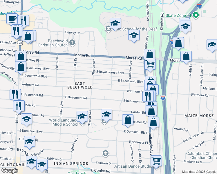 map of restaurants, bars, coffee shops, grocery stores, and more near 467 East Beechwold Boulevard in Columbus