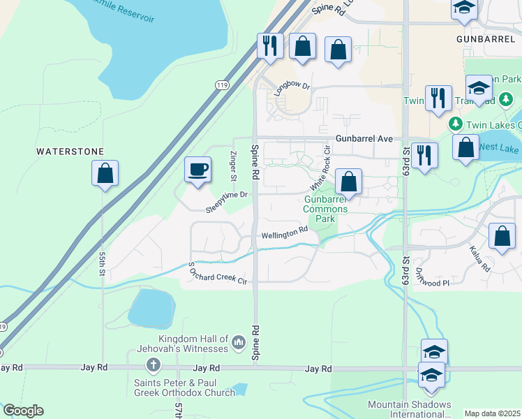 map of restaurants, bars, coffee shops, grocery stores, and more near 4654 White Rock Circle in Boulder