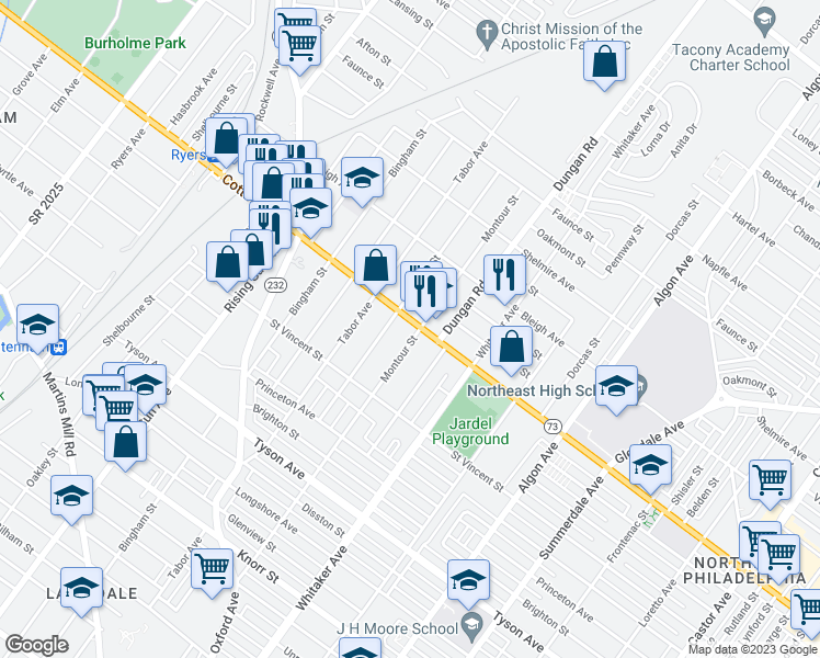 map of restaurants, bars, coffee shops, grocery stores, and more near 1252 Cottman Avenue in Philadelphia