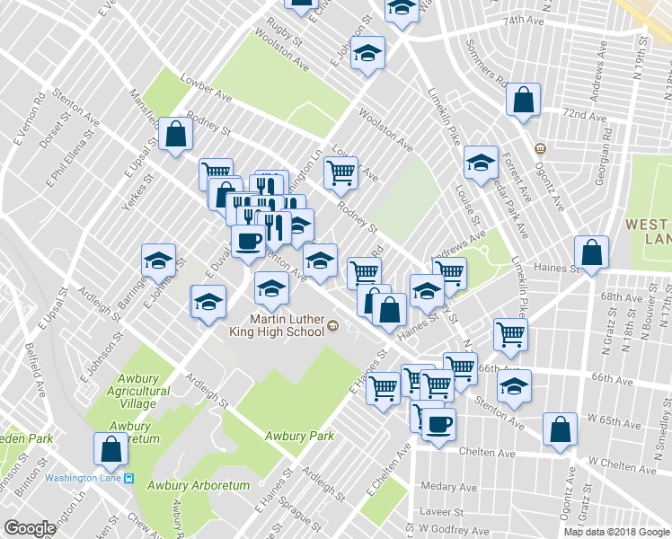 map of restaurants, bars, coffee shops, grocery stores, and more near 7224 Cornelius Street in Philadelphia