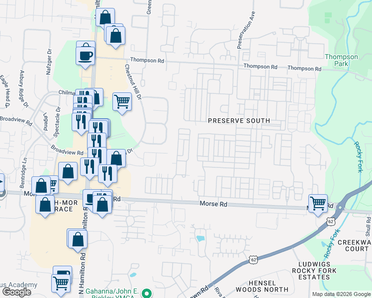 map of restaurants, bars, coffee shops, grocery stores, and more near 3830 Trellis Lane in Columbus