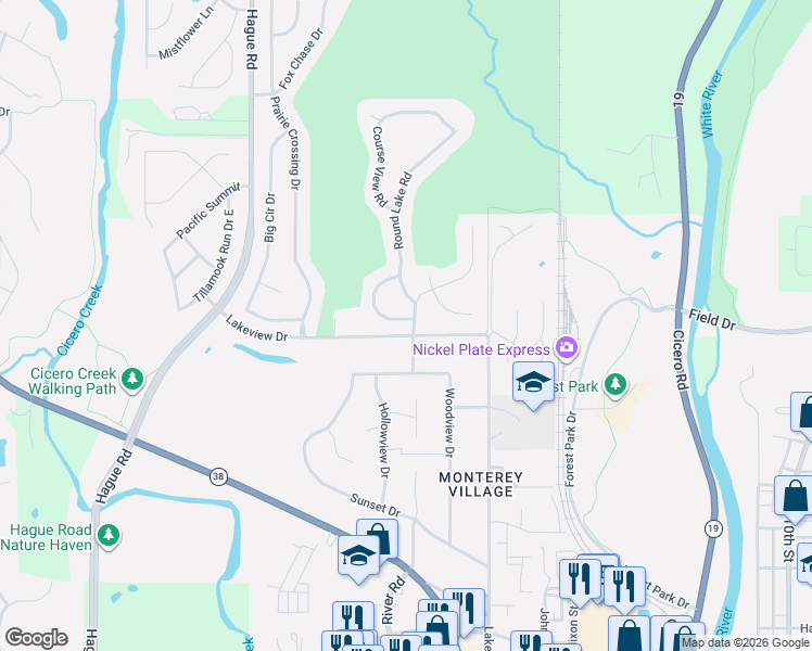 map of restaurants, bars, coffee shops, grocery stores, and more near 8102 Little Circle Road in Noblesville