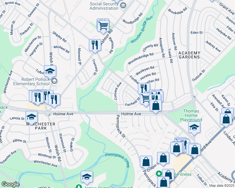 map of restaurants, bars, coffee shops, grocery stores, and more near 9056 Convent Avenue in Philadelphia