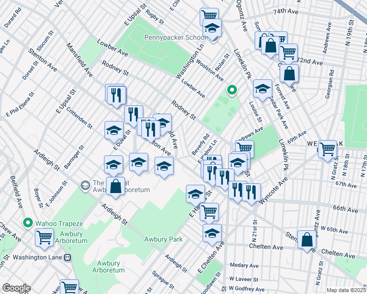 map of restaurants, bars, coffee shops, grocery stores, and more near 7224 Cornelius Street in Philadelphia