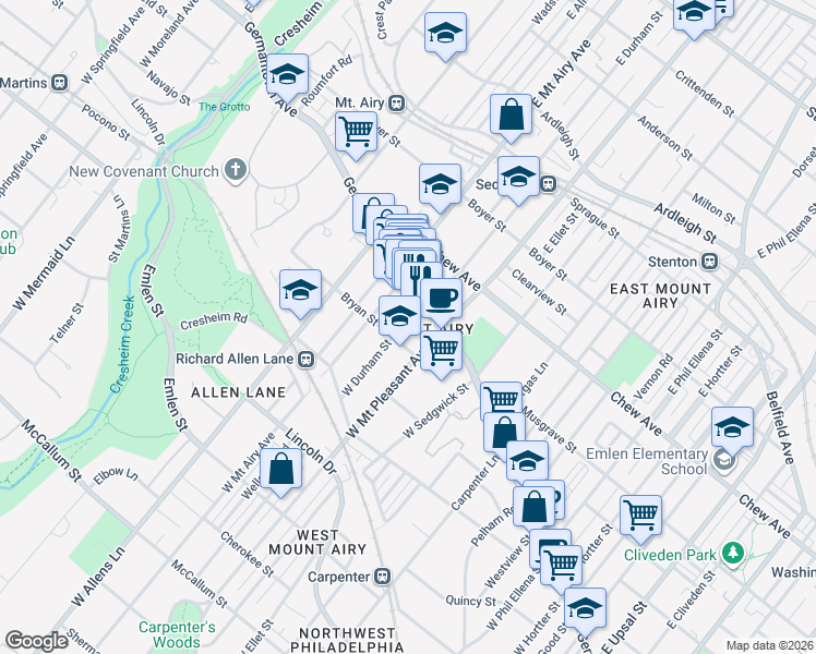 map of restaurants, bars, coffee shops, grocery stores, and more near 34 West Durham Street in Philadelphia