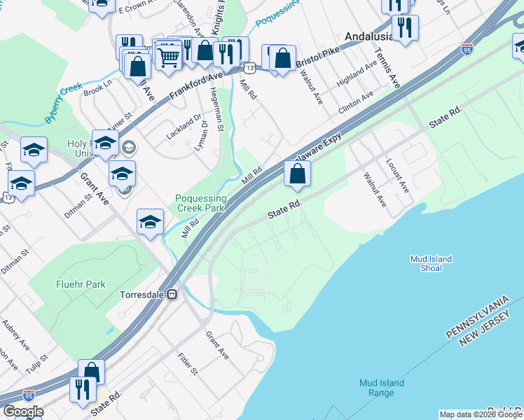 map of restaurants, bars, coffee shops, grocery stores, and more near Delaware Expy in Bensalem