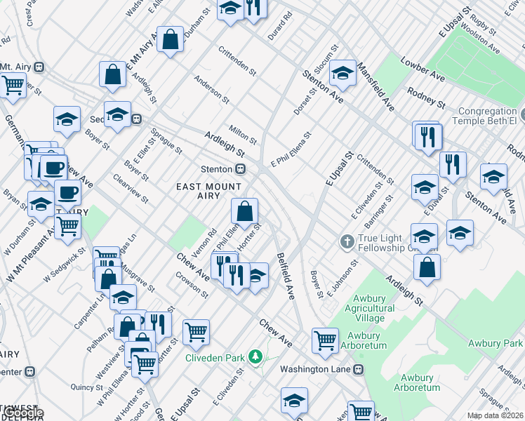 map of restaurants, bars, coffee shops, grocery stores, and more near 6635 Blakemore Street in Philadelphia