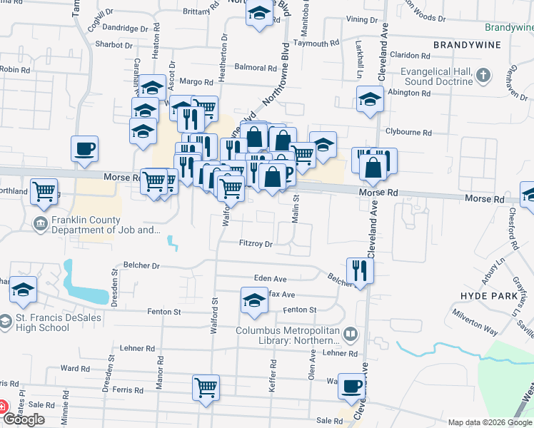 map of restaurants, bars, coffee shops, grocery stores, and more near 2245 Morse Road in Columbus