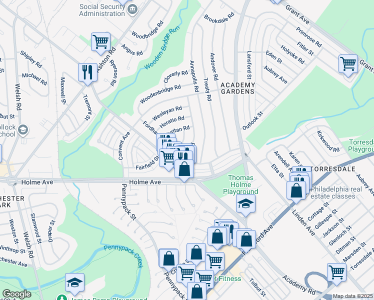 map of restaurants, bars, coffee shops, grocery stores, and more near 9202 Exeter Road in Philadelphia