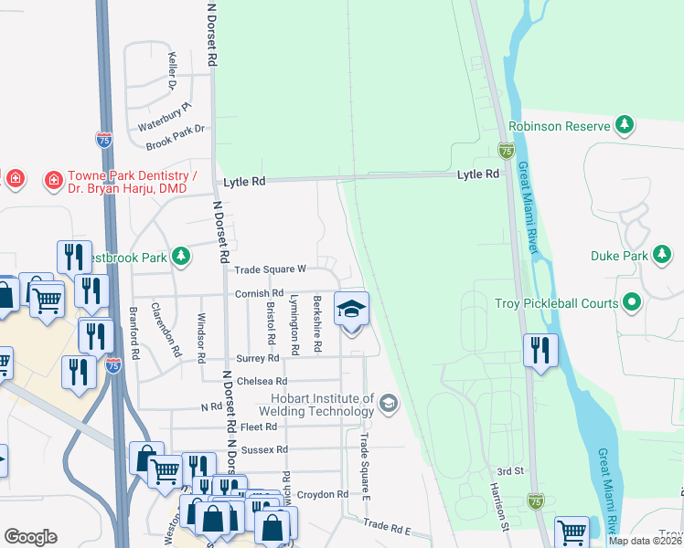 map of restaurants, bars, coffee shops, grocery stores, and more near 1325 Trade Square East in Troy