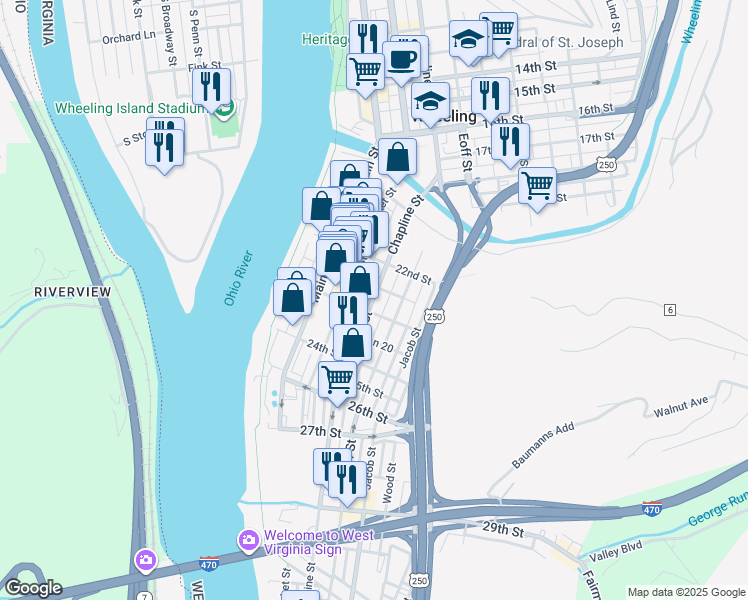map of restaurants, bars, coffee shops, grocery stores, and more near 2229 Chapline Street in Wheeling