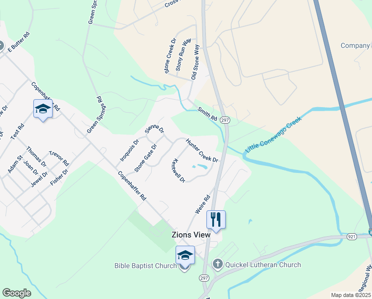 map of restaurants, bars, coffee shops, grocery stores, and more near 105 Kentwell Drive in York
