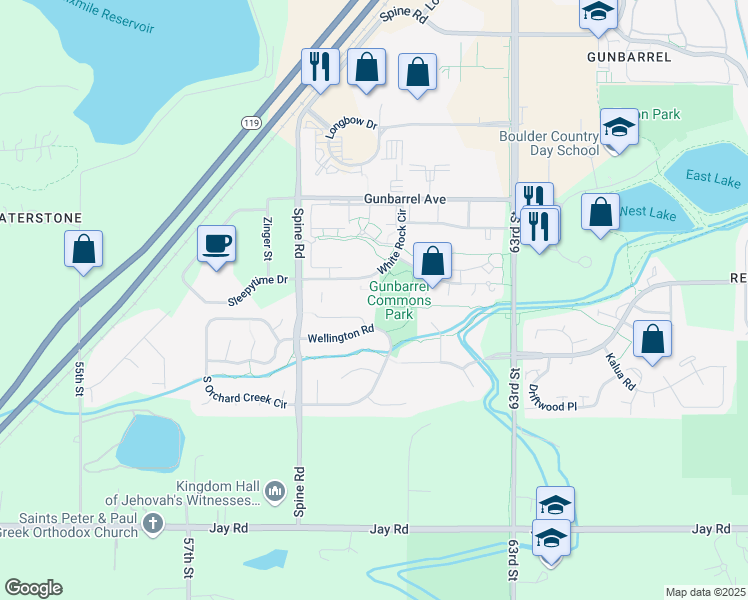map of restaurants, bars, coffee shops, grocery stores, and more near 4680 White Rock Circle in Boulder