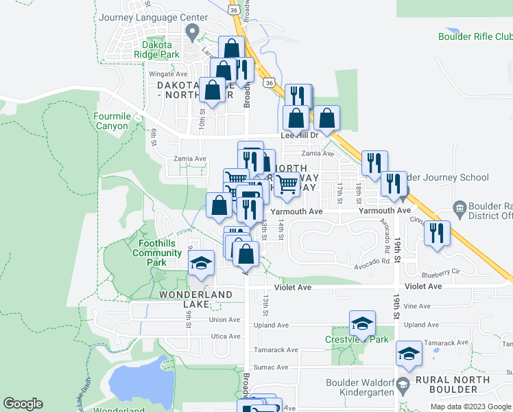map of restaurants, bars, coffee shops, grocery stores, and more near 4640 Broadway in Boulder