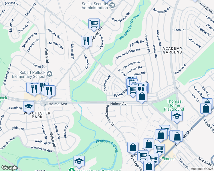 map of restaurants, bars, coffee shops, grocery stores, and more near 9056 Convent Avenue in Philadelphia