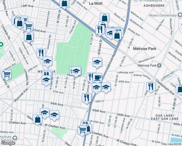 map of restaurants, bars, coffee shops, grocery stores, and more near 6908 North Broad Street in Philadelphia