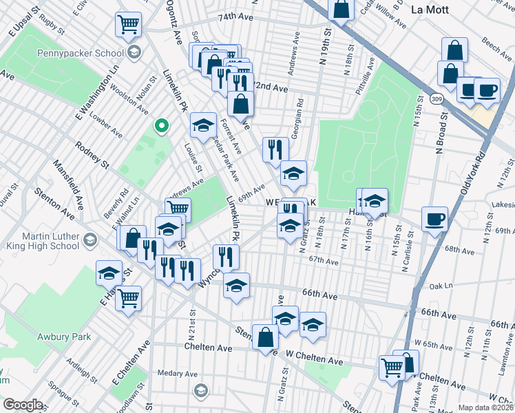 map of restaurants, bars, coffee shops, grocery stores, and more near 6801 Cedar Park Avenue in Philadelphia